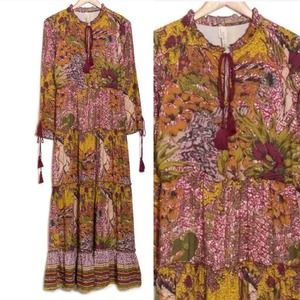 Raga Maxi Dress Fleri Tiered Printed Floral Bird Colorful Boho NEW Small